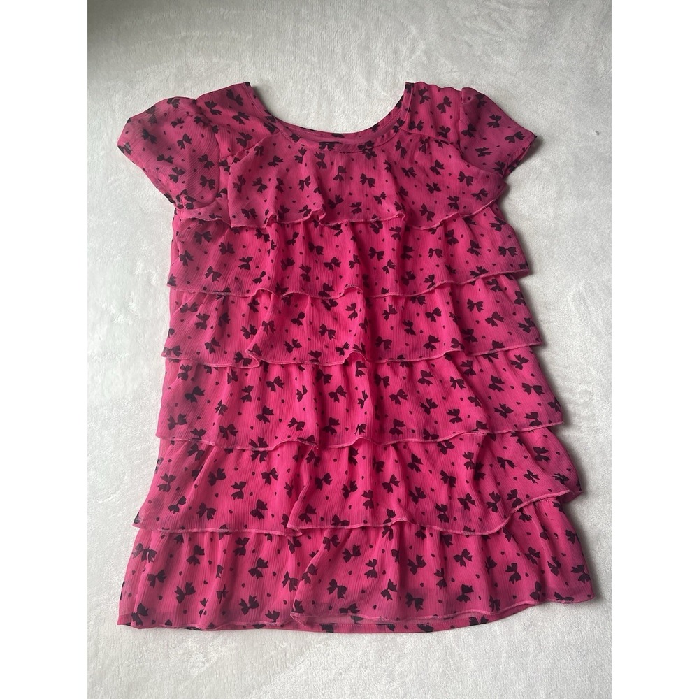 George Girls Hot Pink With Black Bows Ruffle Layered Short Sleeve L 10/12 Top